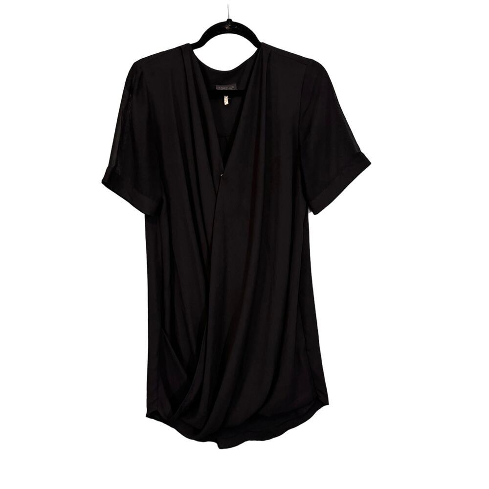 TopShop Dress Women 6 Black Wrap Blouse Sheer Short Sleeve Pleated V-Neck Casual